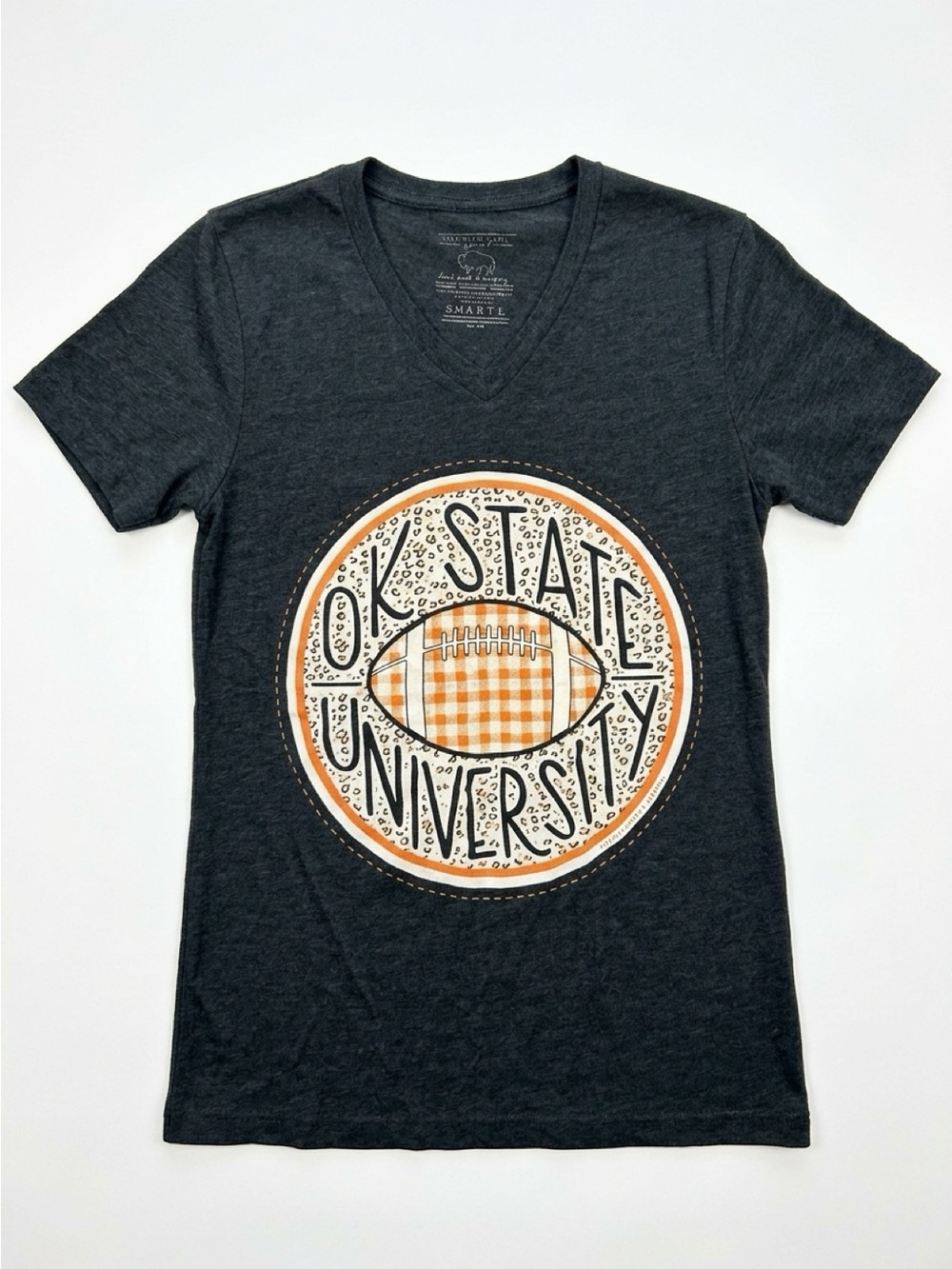 Oklahoma State University Black V-Neck Tee with Orange Graphic Football Emblem